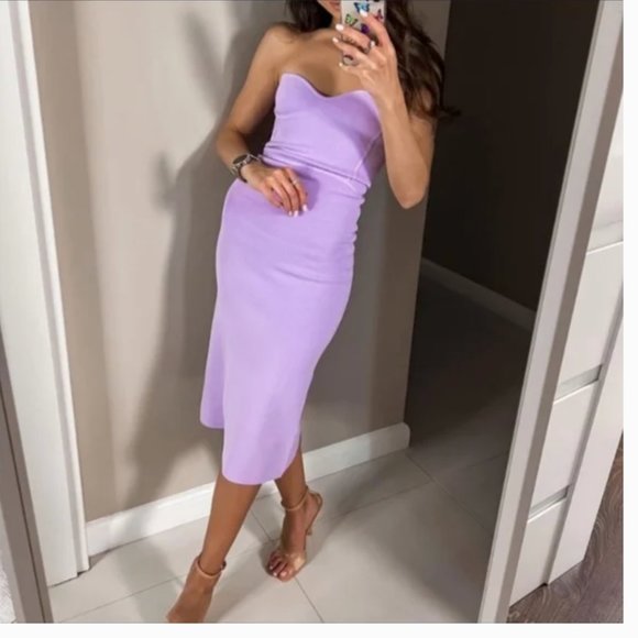 ZARA LILAC LAVENDER CORSET TUBE STRAPLESS SWEETHEART KNIT BANDAGE MIDI DRESS - Picture 7 of 16